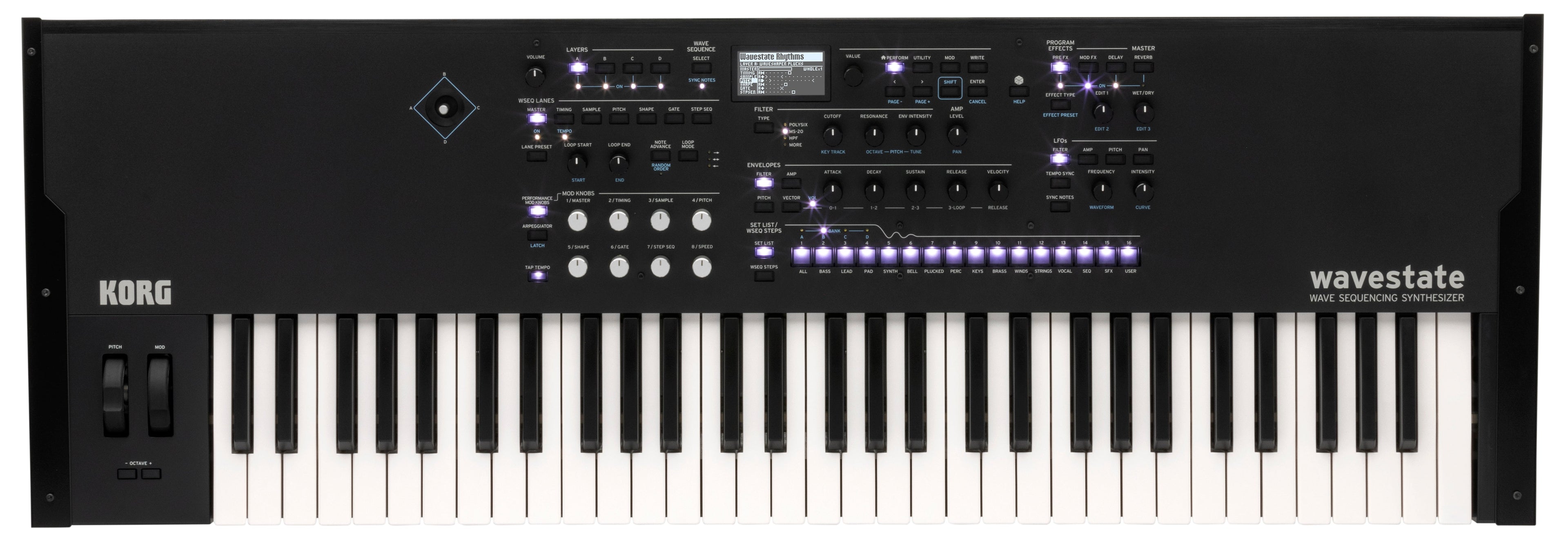Top-down view of a black 61-key Korg wavestate wave sequencing synthesizer with lit buttons and control knobs.