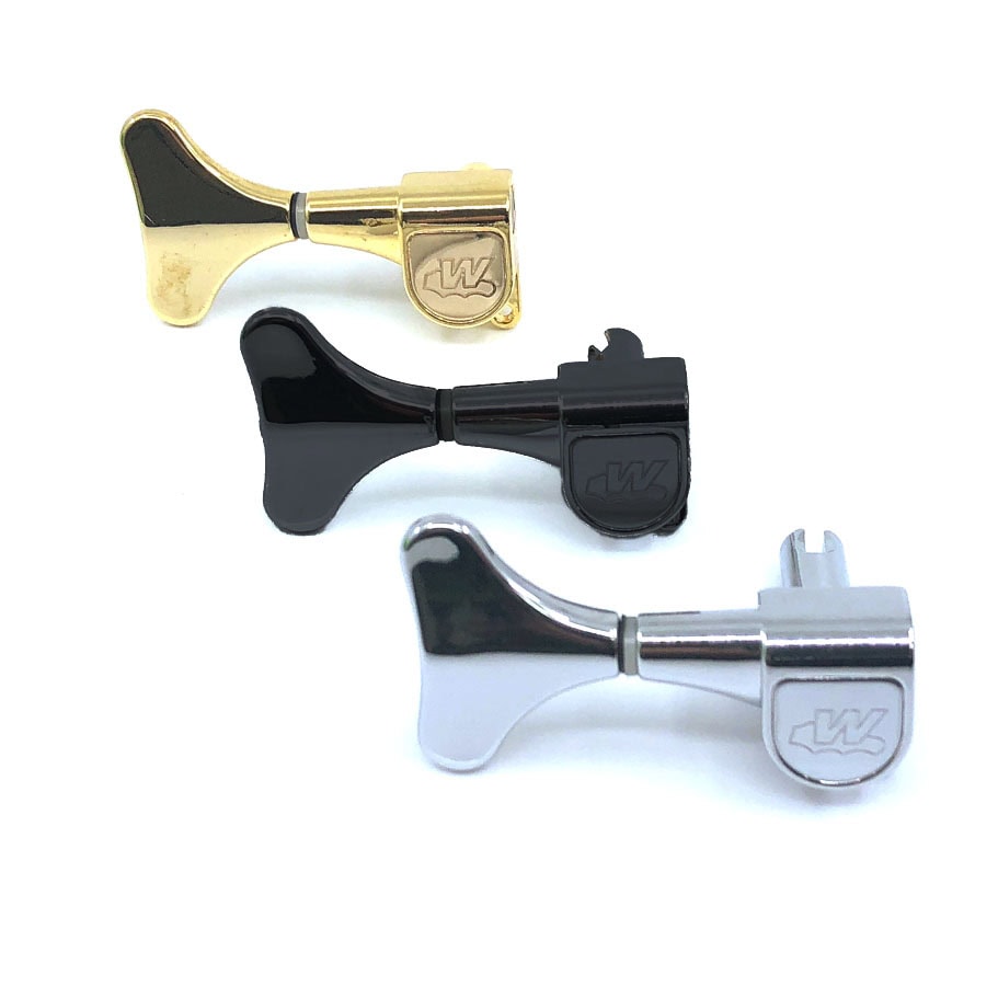 Three metal guitar machine heads in gold, black, and silver with WK logo.