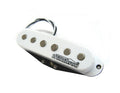 White single coil guitar pickup with six metal pole pieces and attached black and white wires.