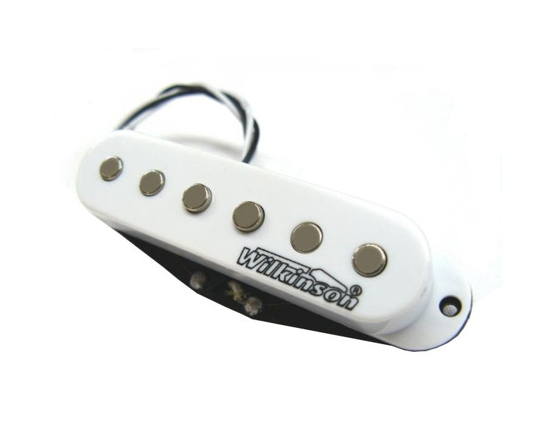 White single coil guitar pickup with six metal pole pieces and attached black and white wires.