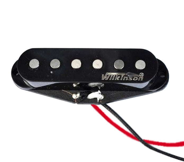 Black single coil electric guitar pickup with six pole magnets and two insulated wires (red and black)