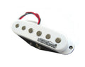 White single coil guitar pickup with six metal pole pieces and two wire leads, labeled Wilkinson.