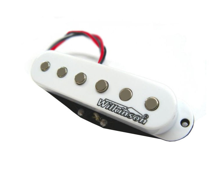 White single coil guitar pickup with six metal pole pieces and two wire leads, labeled Wilkinson.