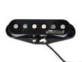 Black single coil electric guitar pickup with six metal pole pieces and attached wires.