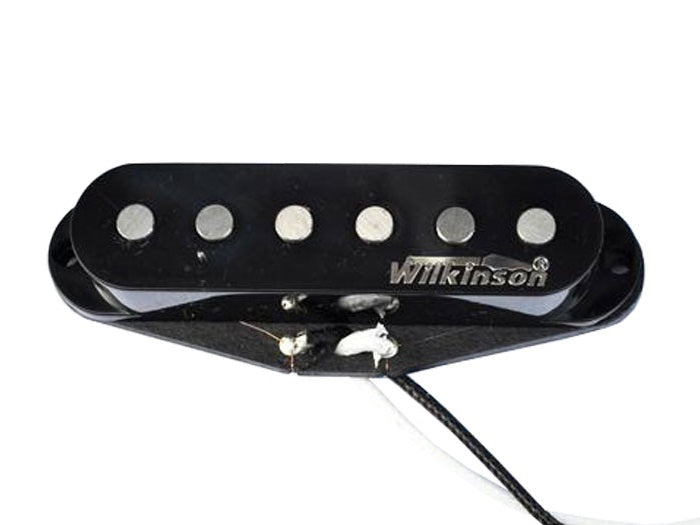 Black single coil electric guitar pickup with six metal pole pieces and attached wires.