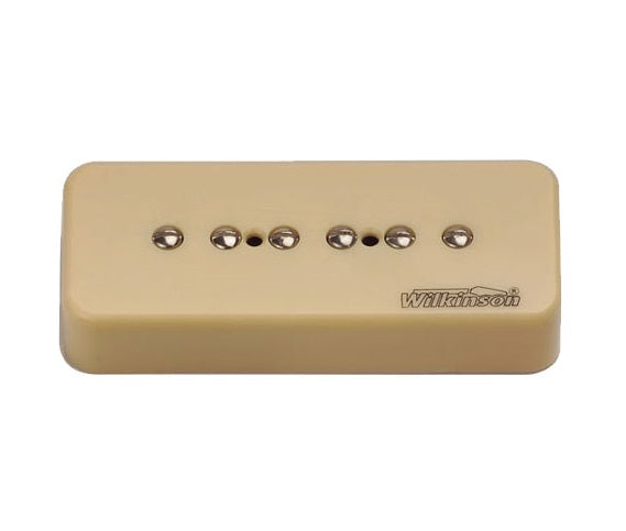 Cream-colored soap bar guitar pickup with six metal pole pieces and Wilkinson branding.