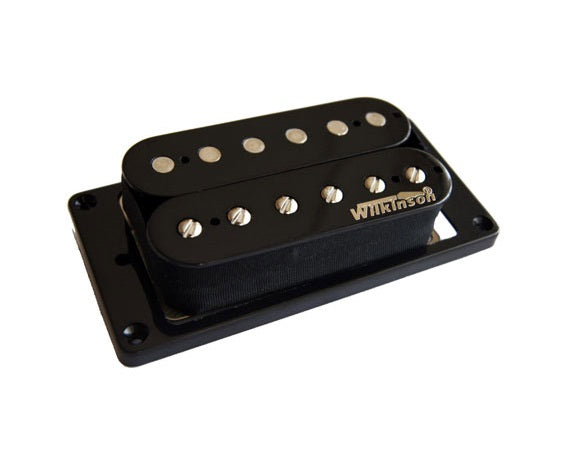 Black guitar humbucker pickup with visible pole pieces and Wilkinson branding on one side.