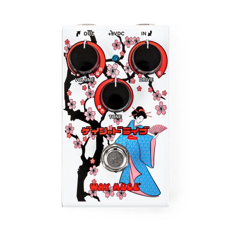 White Way Huge guitar pedal with cherry blossom and geisha graphics and three black and red knobs labeled Volume, Drive, and Tone.