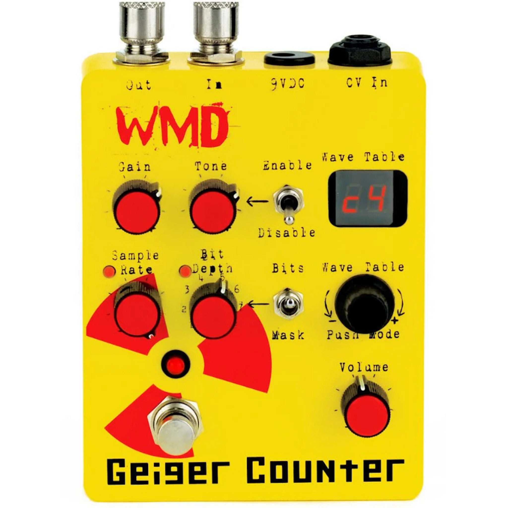 Yellow guitar effect pedal with red knobs, toggle switches, footswitch, 7-segment display, and input/output jacks.