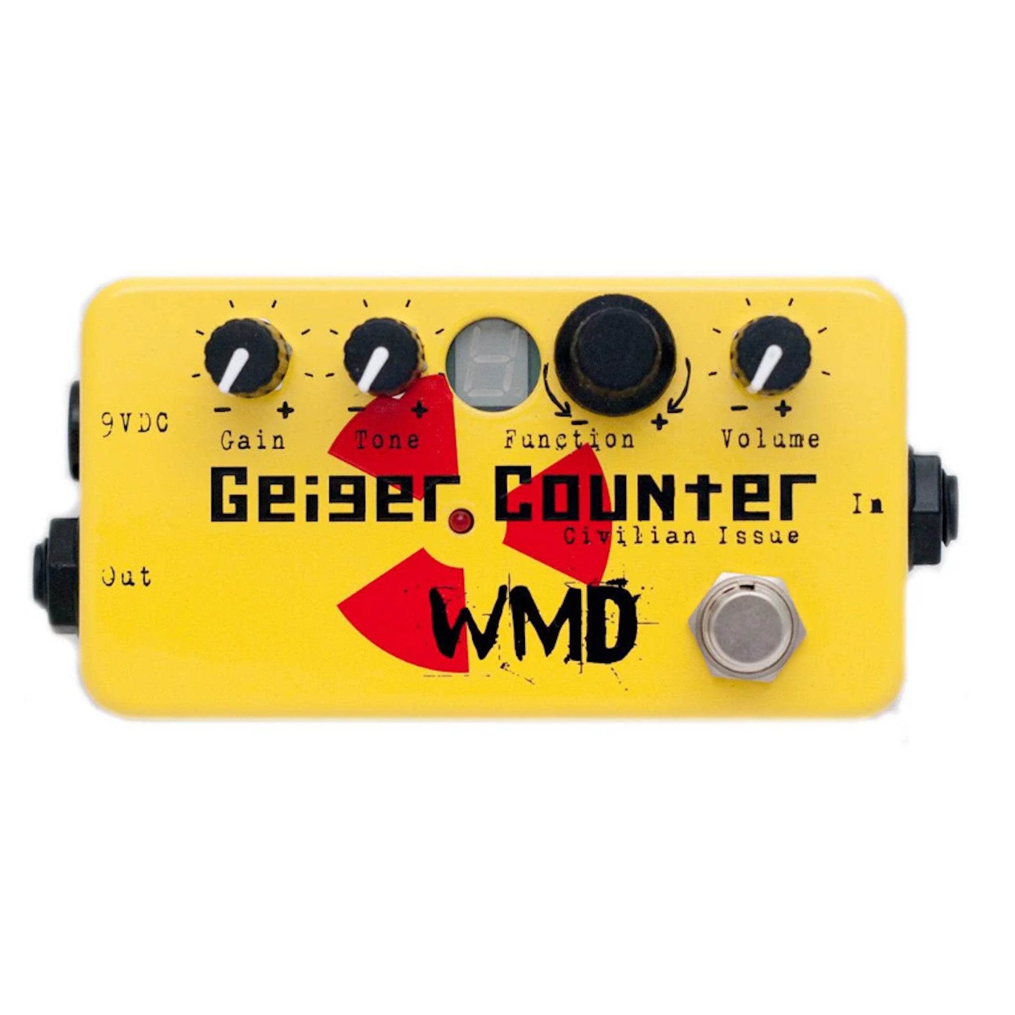 Yellow guitar effects pedal with black knobs, red graphic, digital display, and footswitch labeled WMD Geiger Counter.