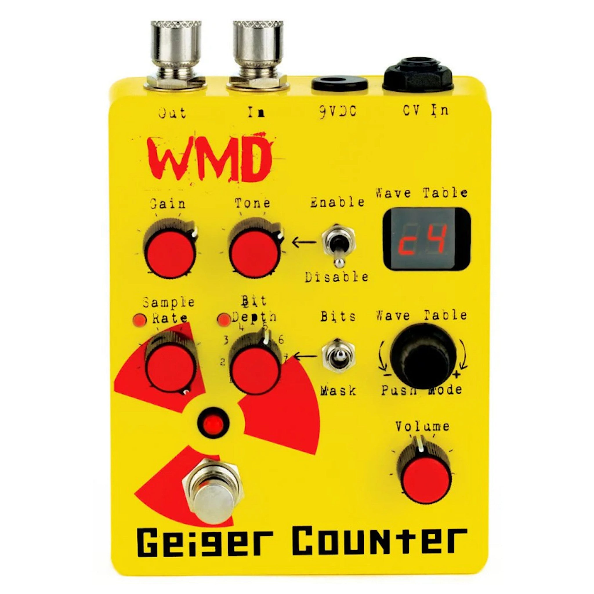 Yellow guitar effects pedal with red and black controls and labeling reading Geiger Counter by WMD.