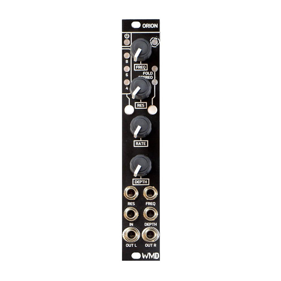 Black Eurorack module with four knobs and six 3.5mm jacks labeled with frequency, resonance, rate, and depth.