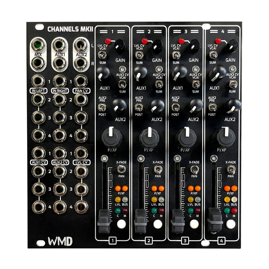 WMD Channels MKII Eurorack module with four channel mixer controls and multiple 3.5mm audio and CV jacks.
