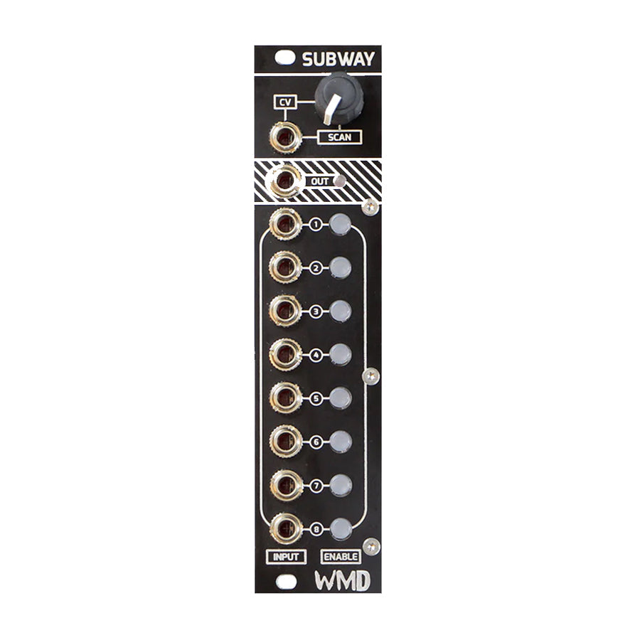 Black Eurorack module with eight jacks and buttons, one knob labeled CV SCAN, and text 'SUBWAY' and 'WMD'.