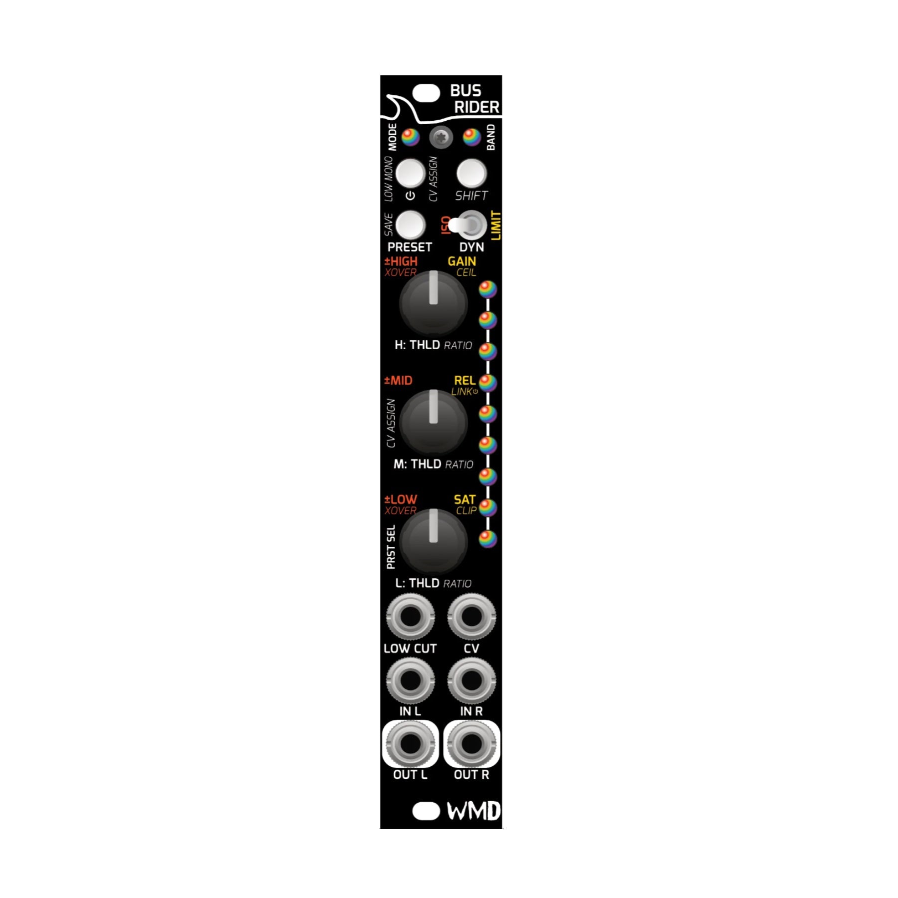 Black Eurorack module with knobs, switches, buttons, and multiple 3.5mm jacks labeled for audio processing.