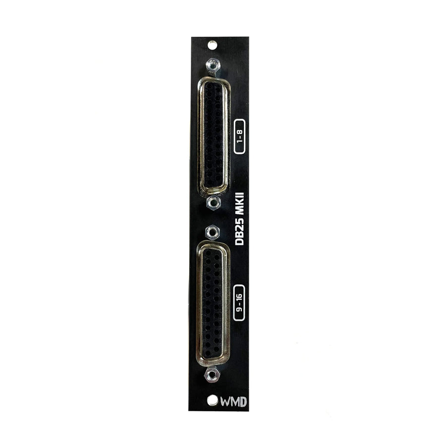 Black panel with two female DB25 connectors and white text labeled for channels 1-8 and 9-16.