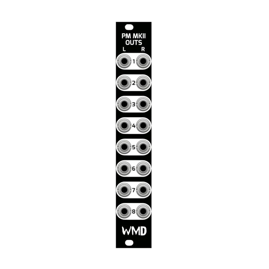 Black panel with 16 audio output jacks arranged in pairs labeled 1 to 8 with left and right channels.