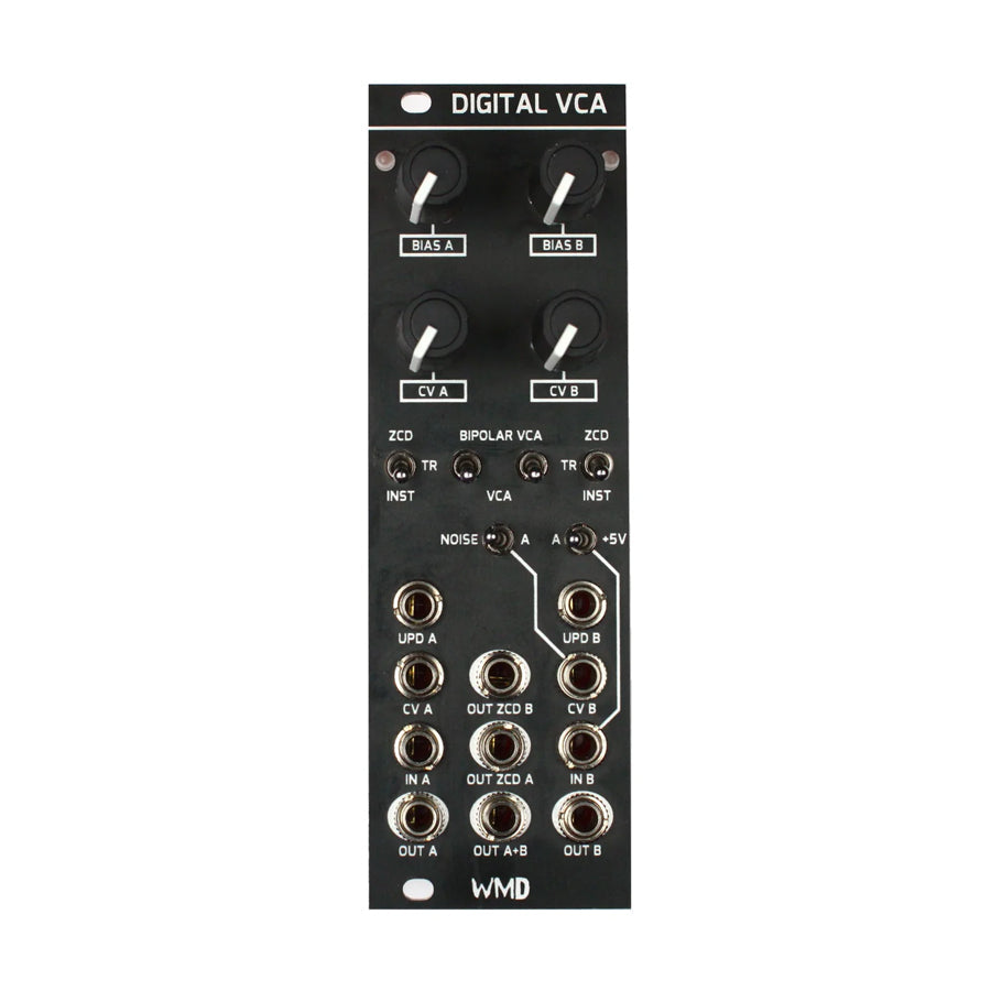 Black module with four knobs, five switches, and twelve patch cable jacks labeled with various control and connection names.