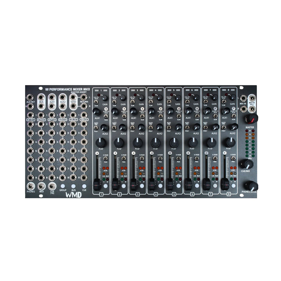 Black audio mixer module with multiple sliders, knobs, buttons, and numerous 3.5mm jacks