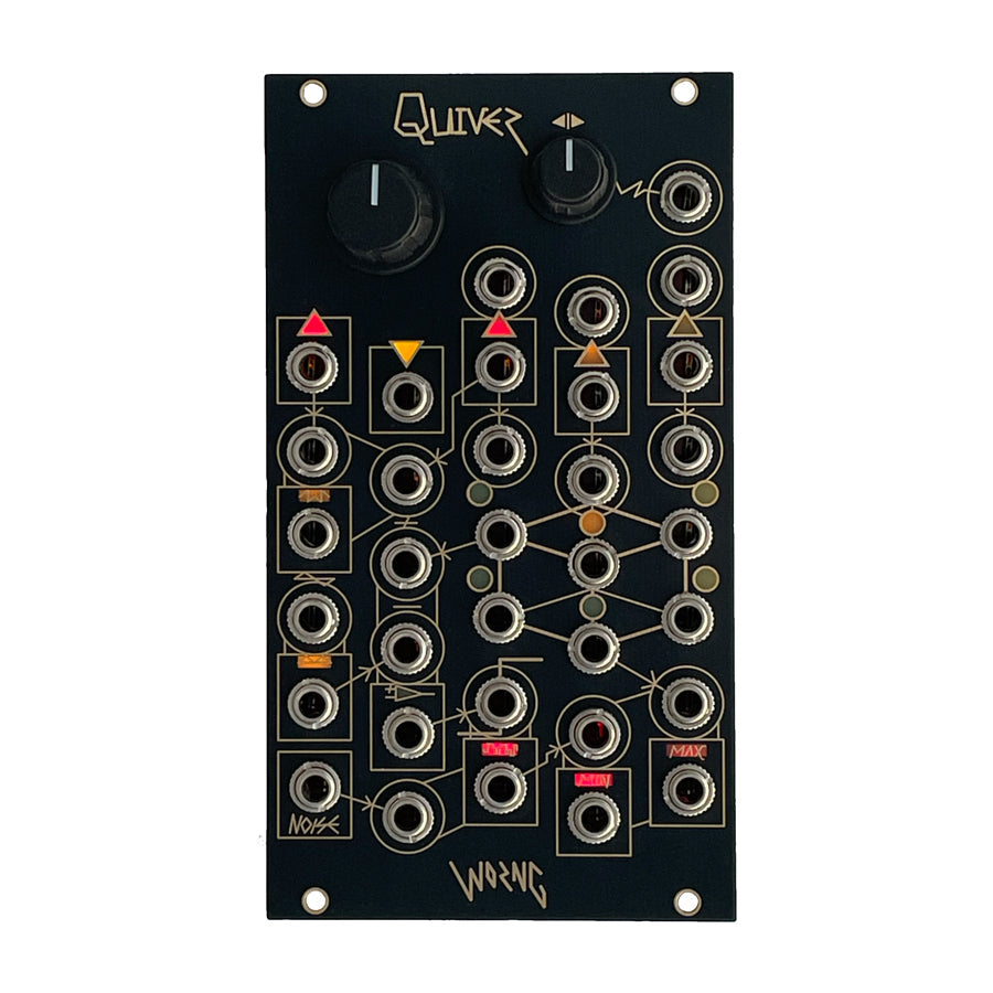 Black electronics module with multiple 3.5mm jack sockets, two knobs, and gold graphic lines and text.