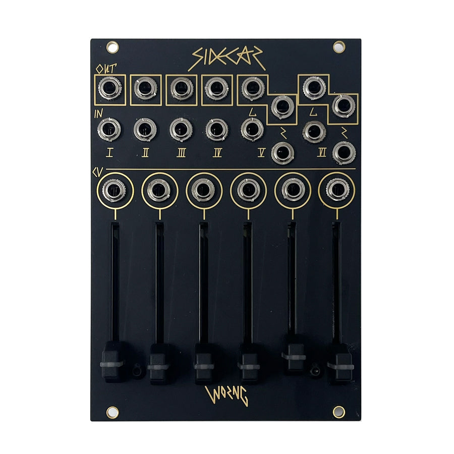 Black Eurorack module with six sliders and multiple 3.5mm jacks labeled I to VI