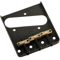 Black metal guitar bridge plate with three brass saddles and adjustment screws.