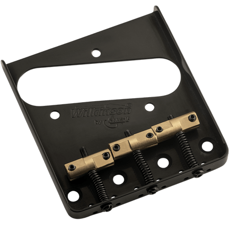 Black metal guitar bridge plate with three brass saddles and adjustment screws.