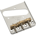 Chrome metal guitar bridge plate with three brass saddles and screws attached.