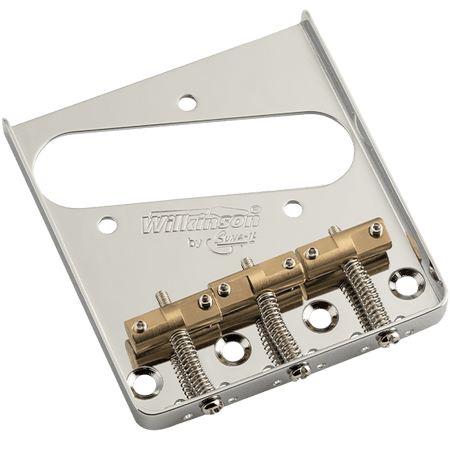 Chrome metal guitar bridge plate with three brass saddles and screws attached.