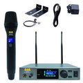 Wireless handheld microphone system with microphone, receiver unit, power adapter, mounting brackets, and audio cable.