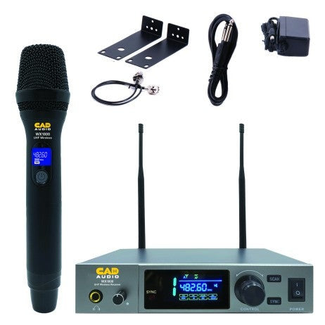 Wireless handheld microphone system with microphone, receiver unit, power adapter, mounting brackets, and audio cable.