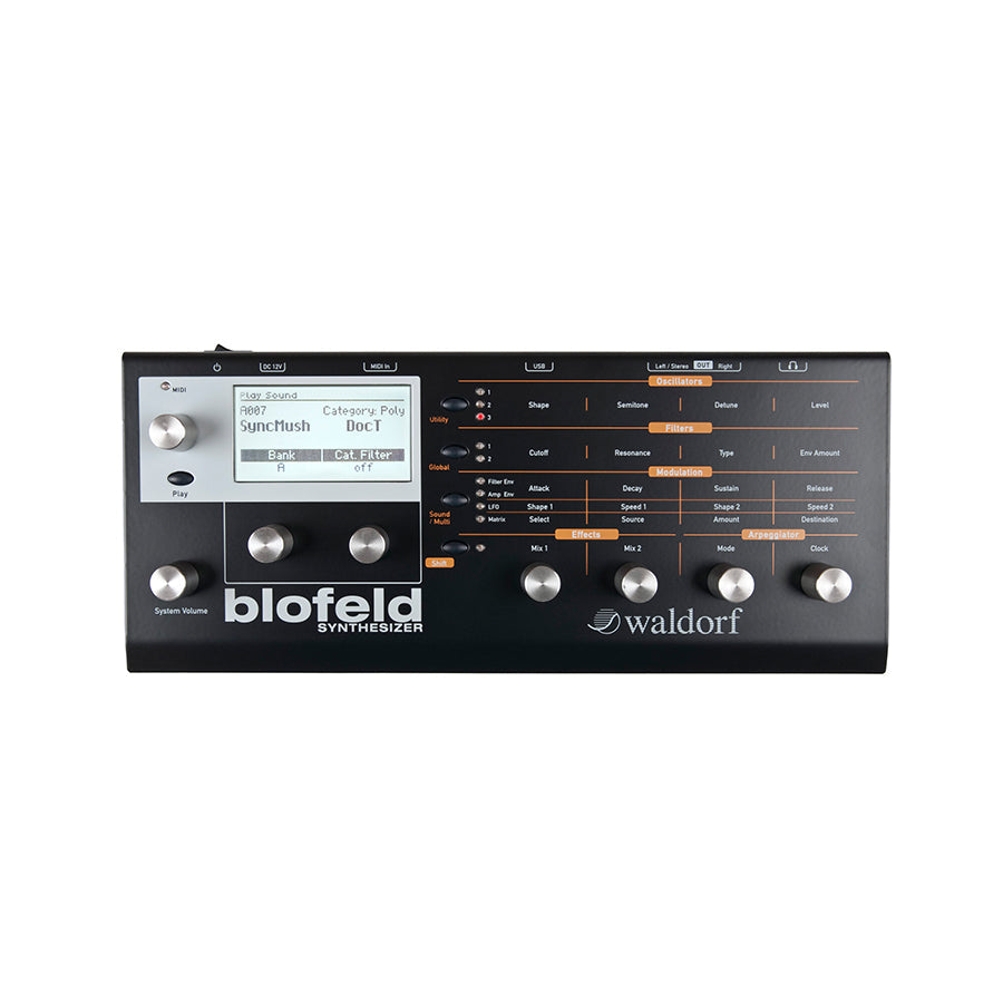Black synthesizer with multiple control knobs, a screen, and labelled sections for oscillators, filters, modulation, effects, and arpeggiator.