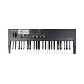 Black keyboard synthesizer with knobs, buttons, and a small display screen on top left.