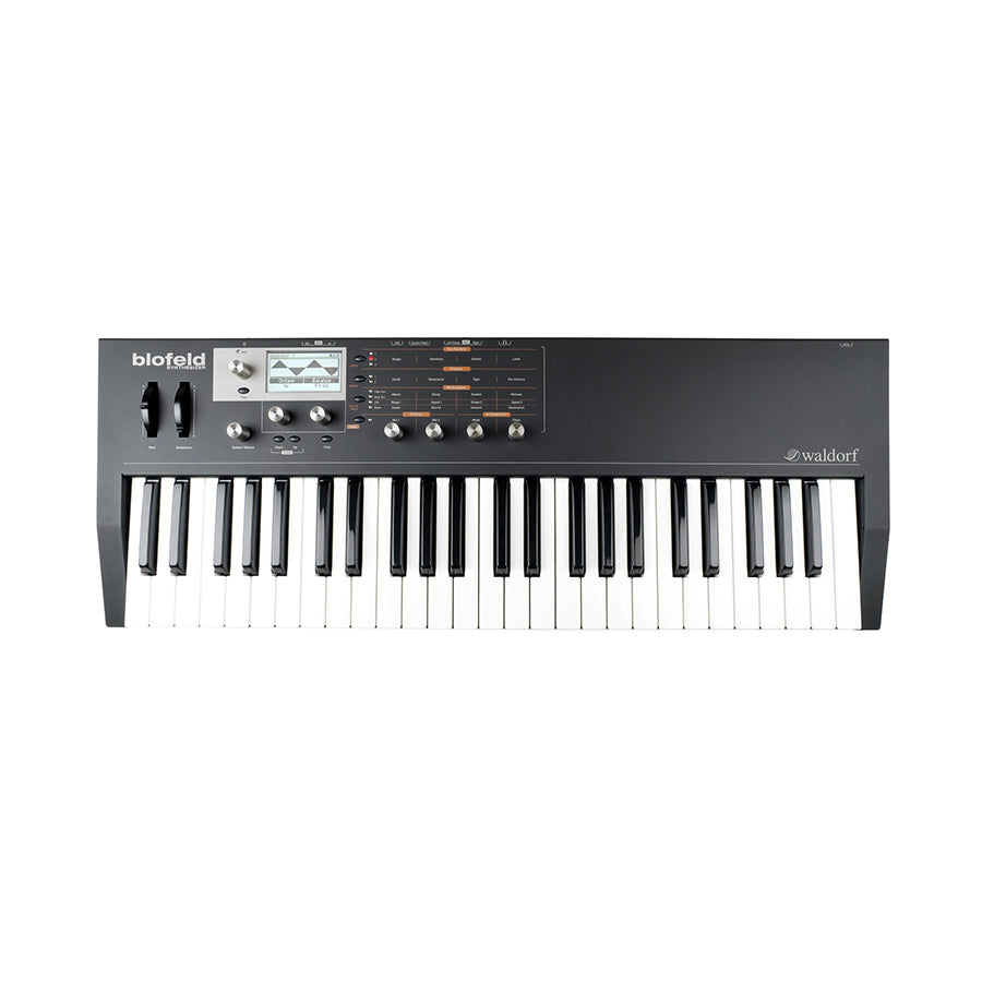 Black keyboard synthesizer with knobs, buttons, and a small display screen on top left.