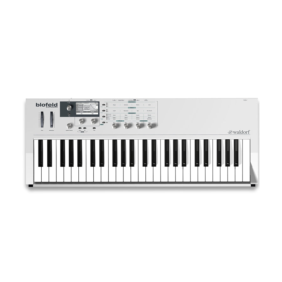 White keyboard synthesizer with 49 keys, control wheels, multiple rotary knobs, push buttons, and a display screen.
