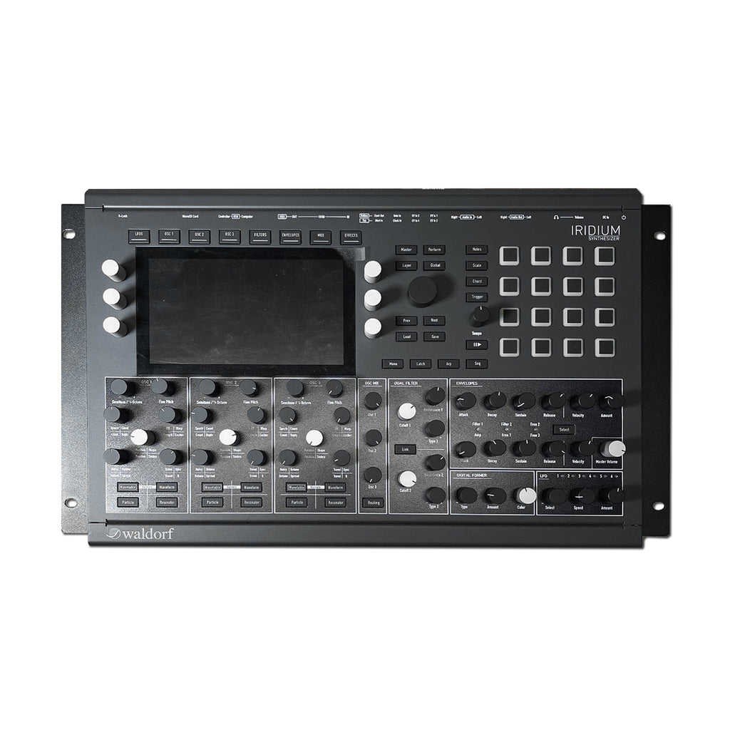 Top view of a black Waldorf Iridium synthesizer with multiple knobs, buttons, pads, and a central display screen.