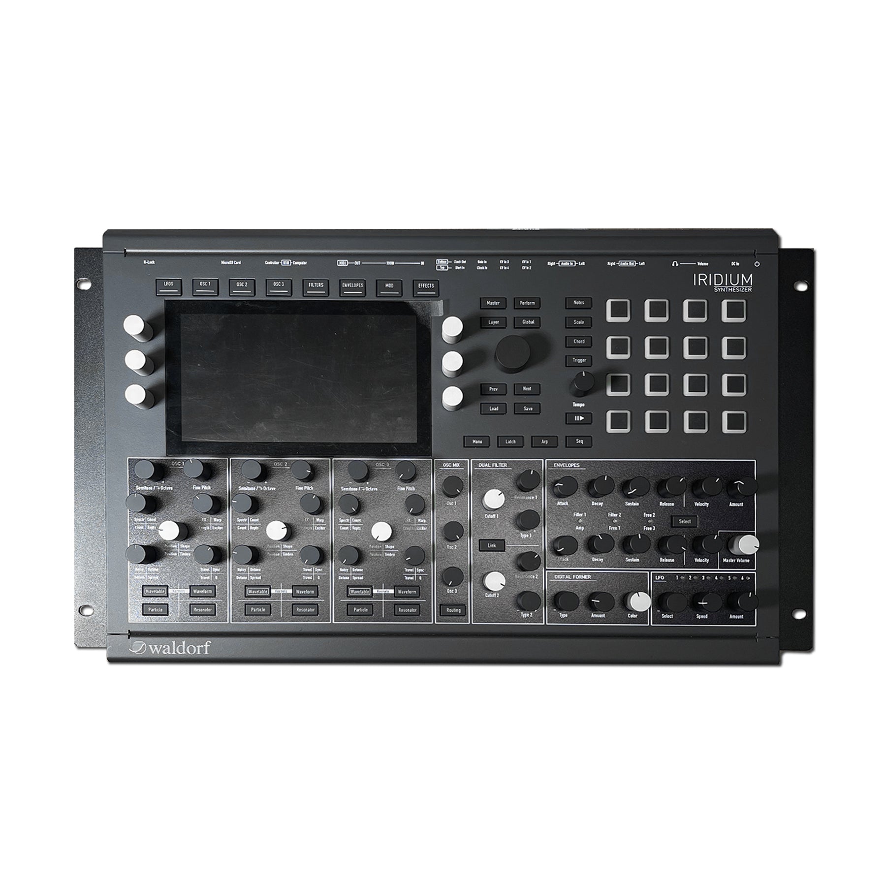 Top view of a black Waldorf Iridium synthesizer with multiple knobs, buttons, pads, and a central display screen.