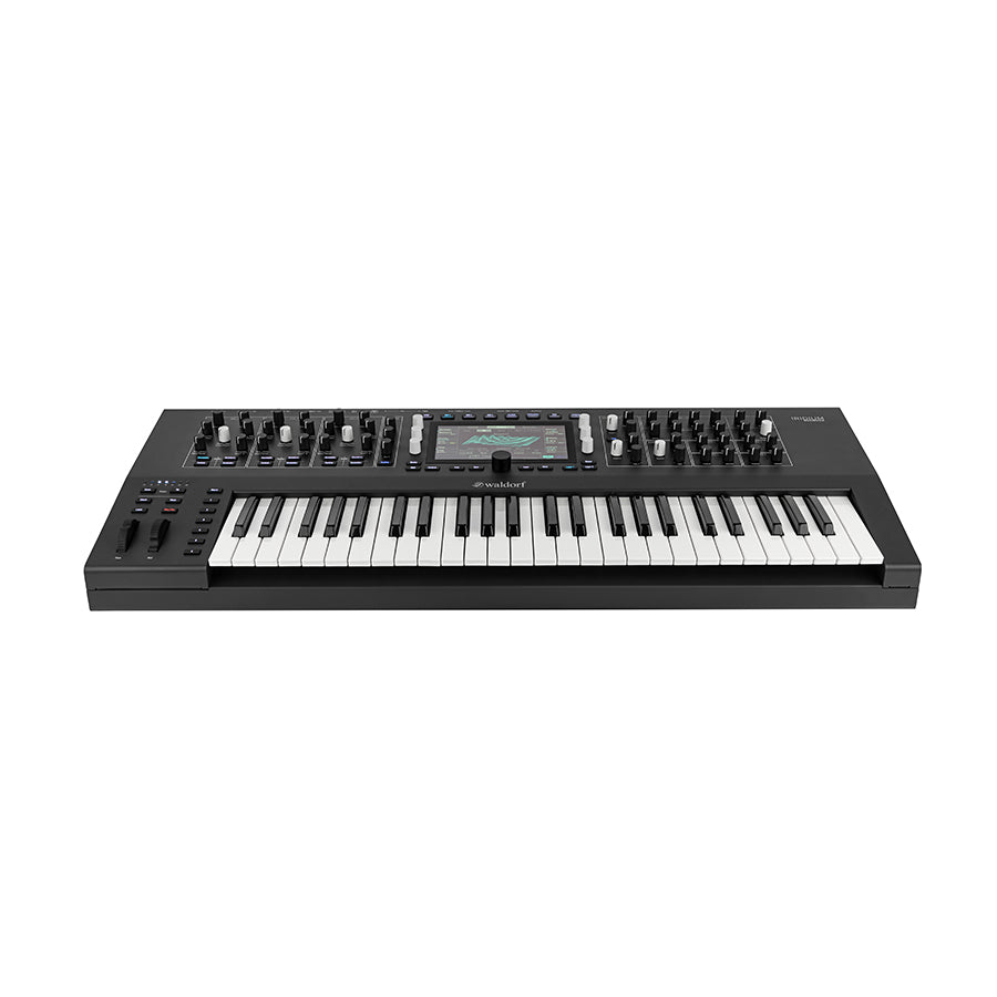 Black keyboard synthesizer with multiple knobs, buttons, a screen, and white and black keys.