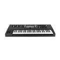 Black keyboard synthesizer with multiple knobs, buttons, a screen, and white and black keys.