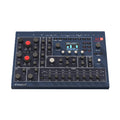 Dark blue synthesizer keyboard panel with knobs, buttons, and a color screen displaying wave settings.