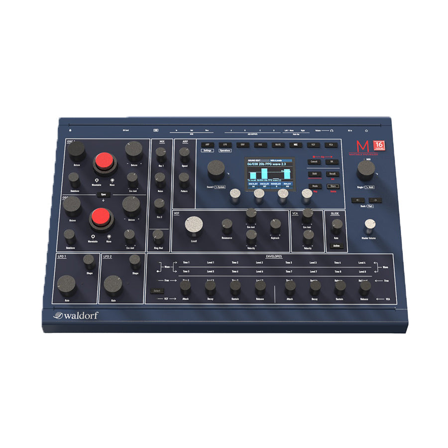 Dark blue synthesizer keyboard panel with knobs, buttons, and a color screen displaying wave settings.