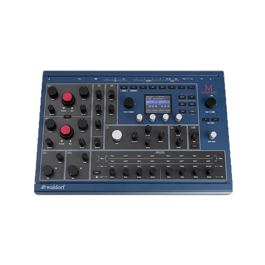 Blue desktop synthesizer with multiple knobs, buttons, and a small display screen.