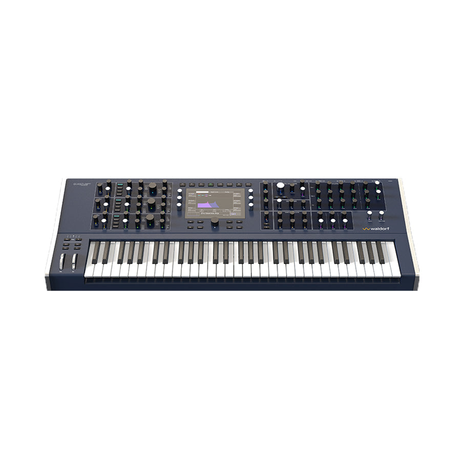 Dark blue synthesizer keyboard with knobs, buttons, wheels, and a central touchscreen display.