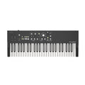 Black synthesizer keyboard with multiple control knobs, buttons, and a small digital display above the keys.