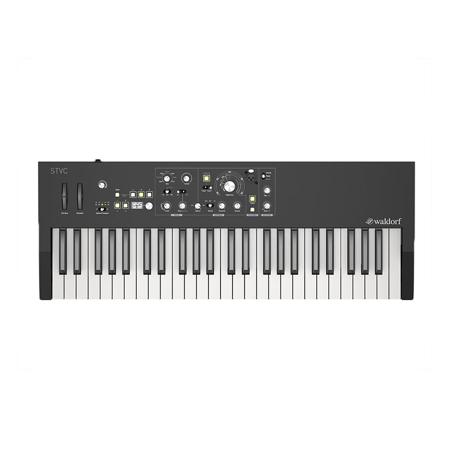 Black synthesizer keyboard with multiple control knobs, buttons, and a small digital display above the keys.