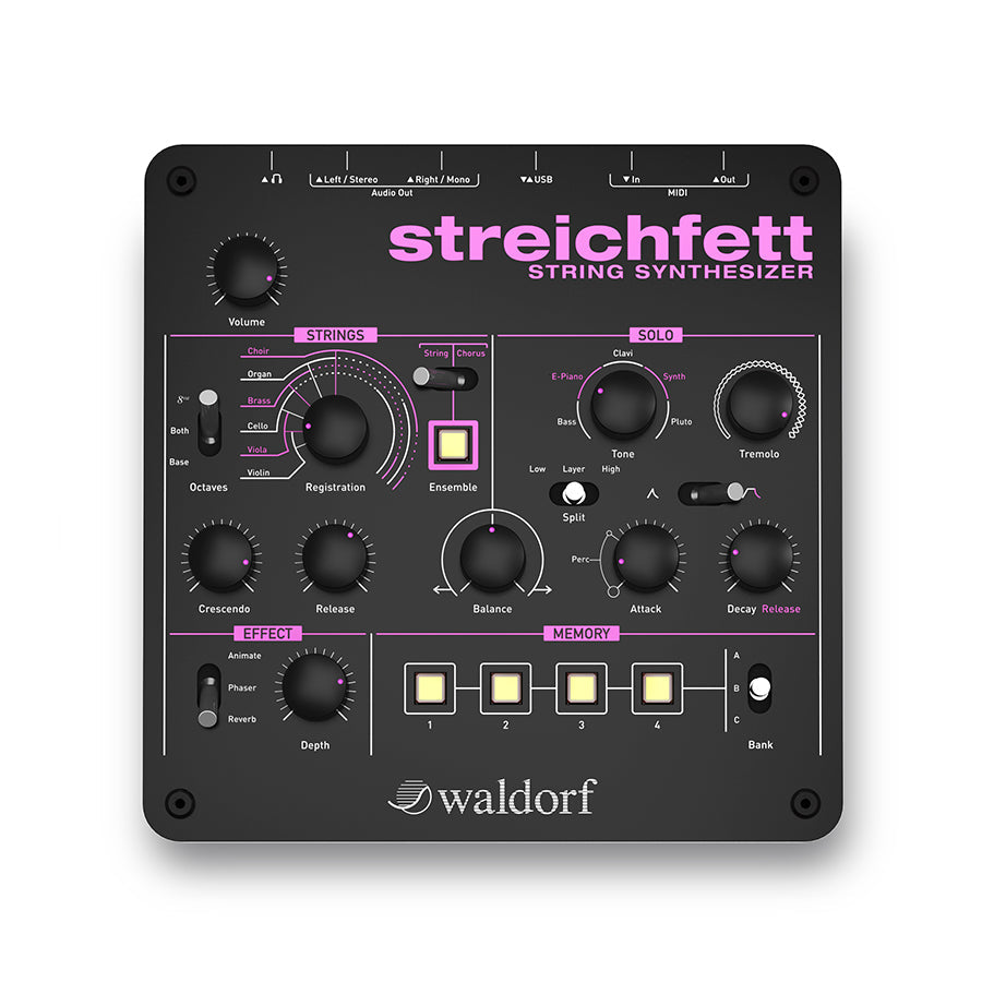 Top view of a Waldorf Streichfett string synthesizer with various knobs, switches, buttons, and audio and MIDI ports.