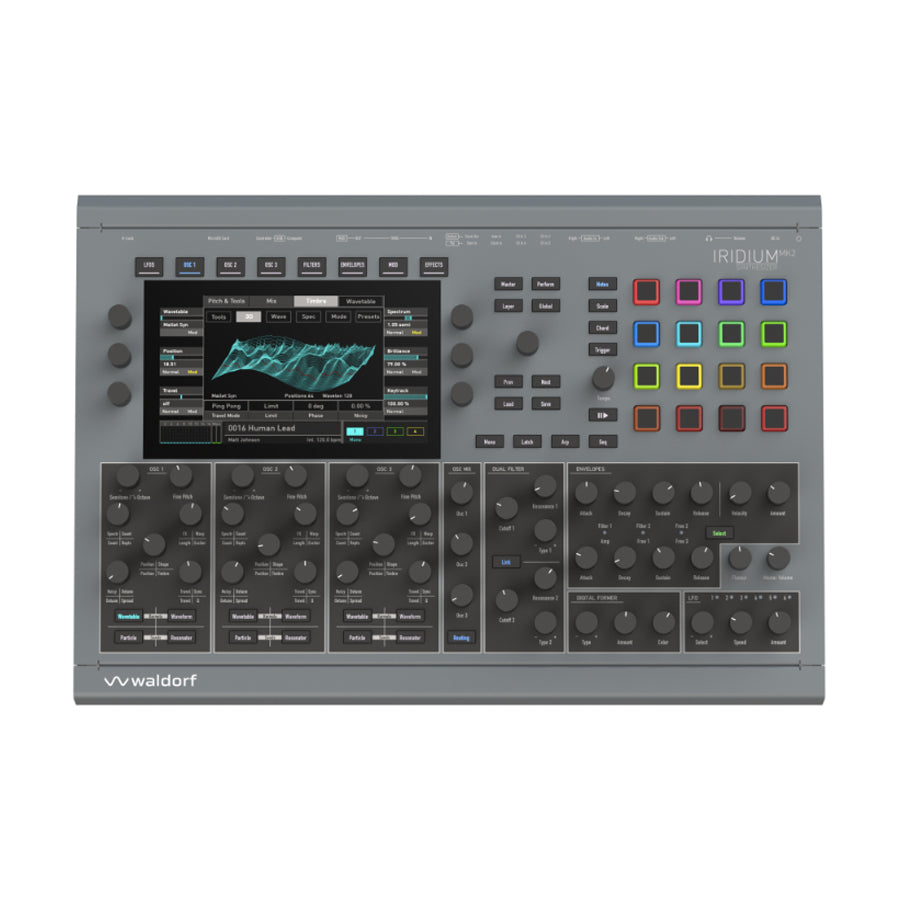 Top view of a gray synthesizer with colorful pads, multiple knobs, buttons, and a display screen showing waveform data.