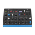 Top view of a black and blue Waldorf Protein synthesizer with multiple knobs, buttons, and a small display screen.