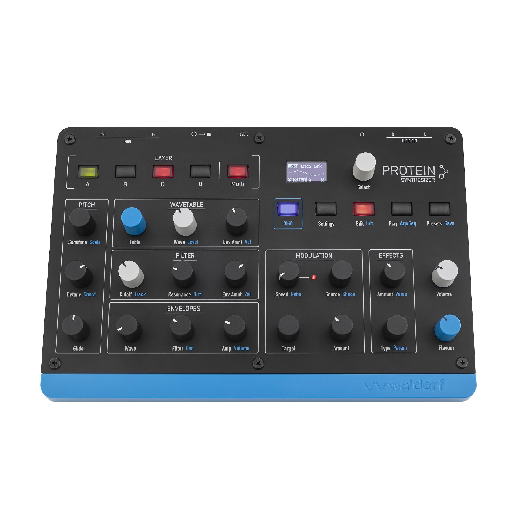 Top view of a black and blue Waldorf Protein synthesizer with multiple knobs, buttons, and a small display screen.