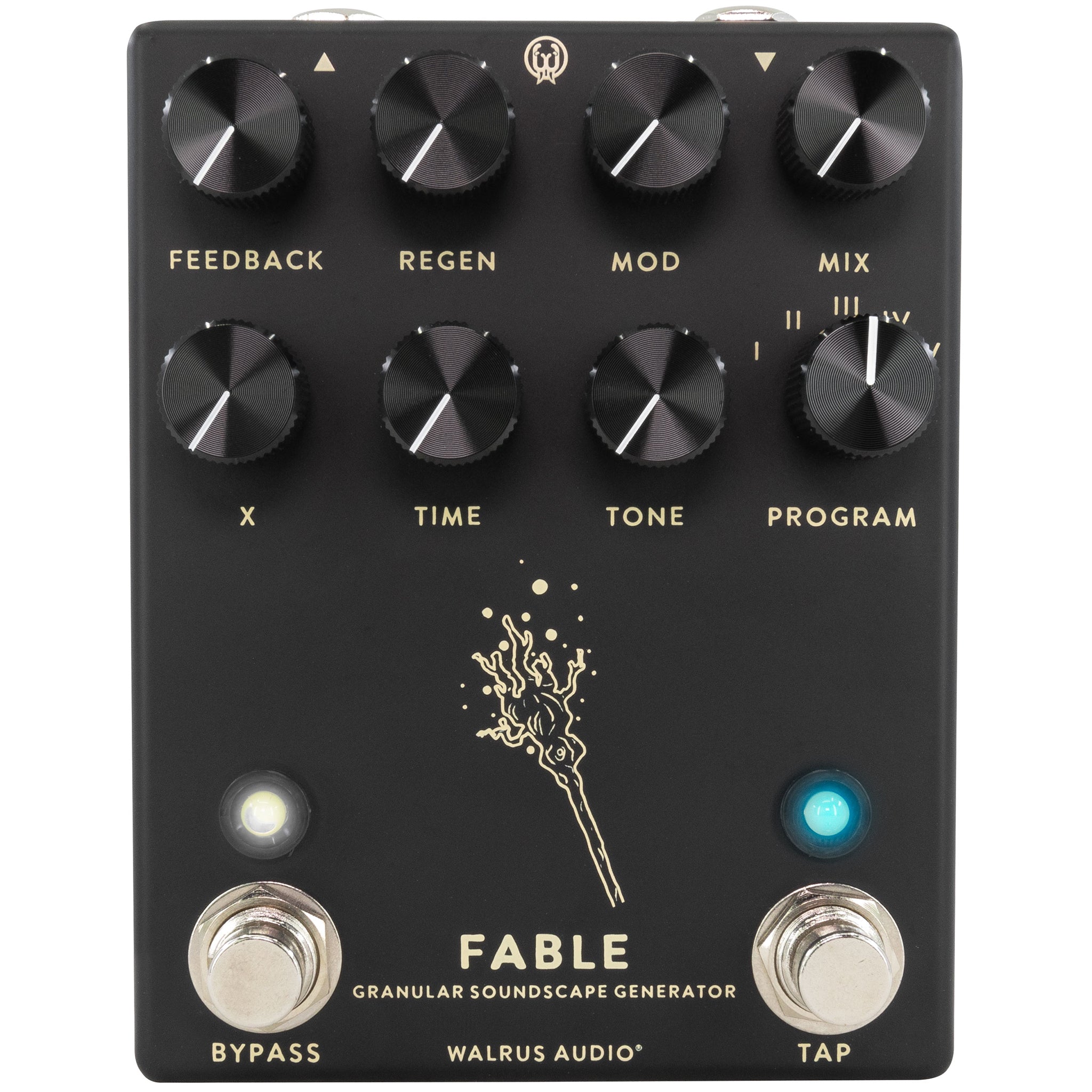 Black guitar effects pedal with eight control knobs, two footswitches, and indicator lights.
